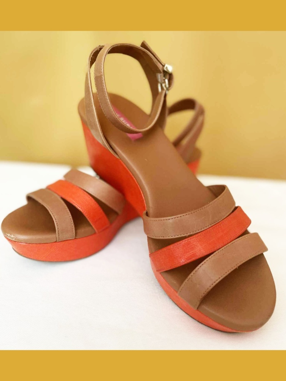 Isaac Mizrahi Colorblock Wedge Sandals 9 Brown Orange Ankle Strap Platform